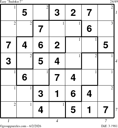 The grouppuzzles.com Easy Sudoku-7 puzzle for Tuesday June 2, 2026, suitable for printing, with all 3 steps marked