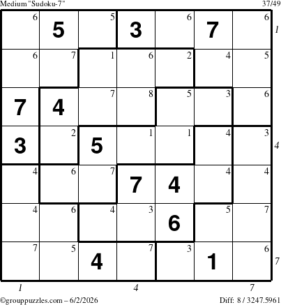 The grouppuzzles.com Medium Sudoku-7 puzzle for Tuesday June 2, 2026, suitable for printing, with all 8 steps marked