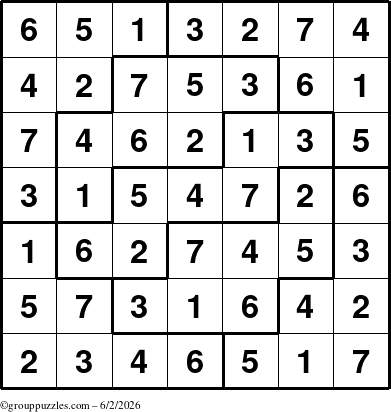 The grouppuzzles.com Answer grid for the Sudoku-7 puzzle for Tuesday June 2, 2026