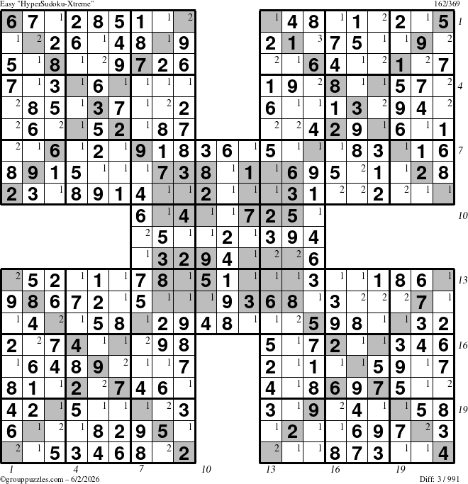 The grouppuzzles.com Easy HyperSudoku-Xtreme puzzle for Tuesday June 2, 2026, suitable for printing, with all 3 steps marked