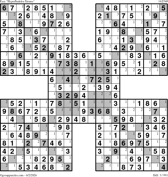 The grouppuzzles.com Easy HyperSudoku-Xtreme puzzle for Tuesday June 2, 2026 with the first 3 steps marked