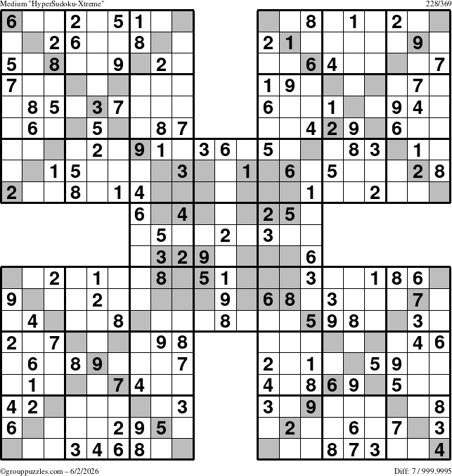 The grouppuzzles.com Medium HyperSudoku-Xtreme puzzle for Tuesday June 2, 2026