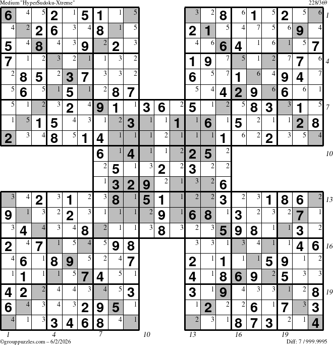 The grouppuzzles.com Medium HyperSudoku-Xtreme puzzle for Tuesday June 2, 2026, suitable for printing, with all 7 steps marked
