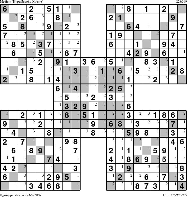 The grouppuzzles.com Medium HyperSudoku-Xtreme puzzle for Tuesday June 2, 2026 with the first 3 steps marked