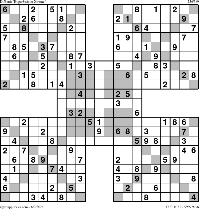 The grouppuzzles.com Difficult HyperSudoku-Xtreme puzzle for Tuesday June 2, 2026