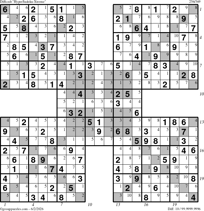 The grouppuzzles.com Difficult HyperSudoku-Xtreme puzzle for Tuesday June 2, 2026 with all 10 steps marked