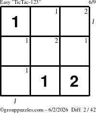 The grouppuzzles.com Easy TicTac-123 puzzle for Tuesday June 2, 2026 with all 2 steps marked