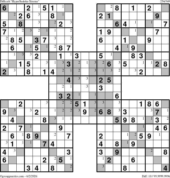 The grouppuzzles.com Difficult HyperSudoku-Xtreme puzzle for Tuesday June 2, 2026 with the first 3 steps marked