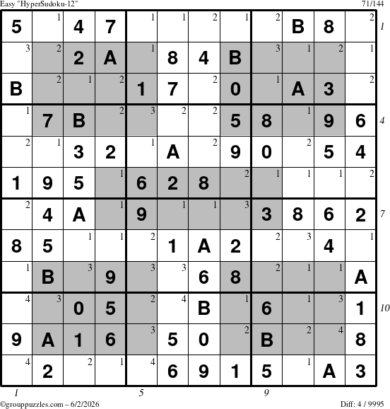 The grouppuzzles.com Easy HyperSudoku-12 puzzle for Tuesday June 2, 2026 with all 4 steps marked