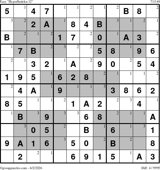 The grouppuzzles.com Easy HyperSudoku-12 puzzle for Tuesday June 2, 2026 with the first 3 steps marked