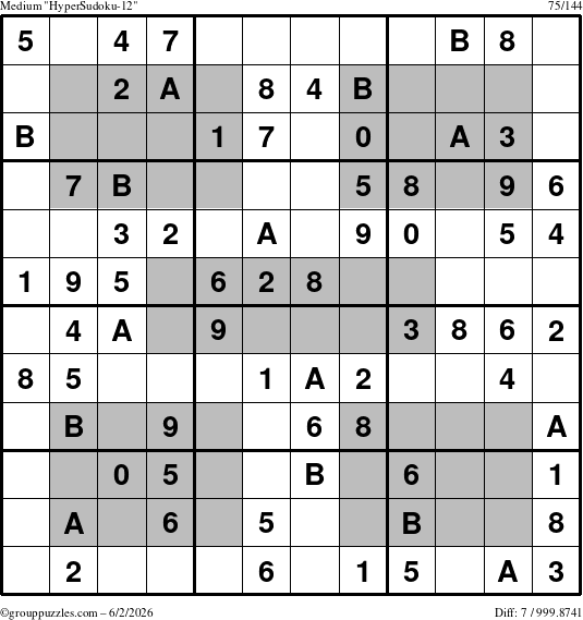 The grouppuzzles.com Medium HyperSudoku-12 puzzle for Tuesday June 2, 2026