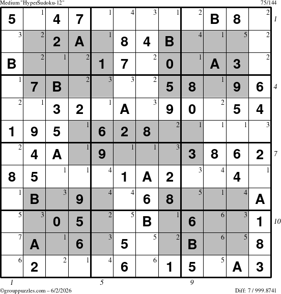 The grouppuzzles.com Medium HyperSudoku-12 puzzle for Tuesday June 2, 2026 with all 7 steps marked