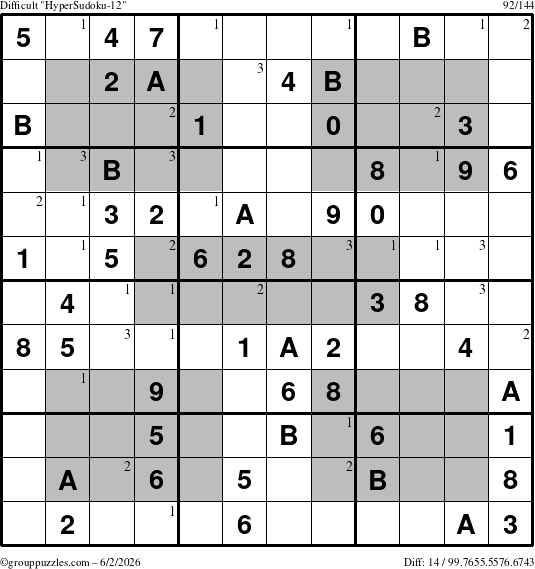 The grouppuzzles.com Difficult HyperSudoku-12 puzzle for Tuesday June 2, 2026 with the first 3 steps marked