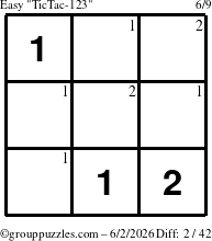 The grouppuzzles.com Easy TicTac-123 puzzle for Tuesday June 2, 2026 with the first 2 steps marked