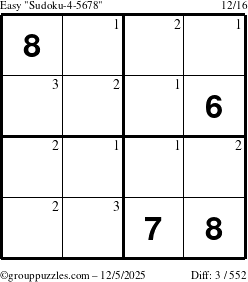 The grouppuzzles.com Easy Sudoku-4-5678 puzzle for Friday December 5, 2025 with the first 3 steps marked
