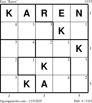 The grouppuzzles.com Easy Karen puzzle for Friday December 5, 2025 with all 4 steps marked