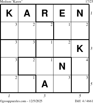 The grouppuzzles.com Medium Karen puzzle for Friday December 5, 2025, suitable for printing, with all 4 steps marked