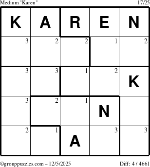 The grouppuzzles.com Medium Karen puzzle for Friday December 5, 2025 with the first 3 steps marked