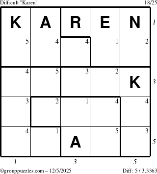 The grouppuzzles.com Difficult Karen puzzle for Friday December 5, 2025, suitable for printing, with all 5 steps marked
