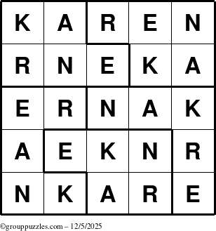 The grouppuzzles.com Answer grid for the Karen puzzle for Friday December 5, 2025