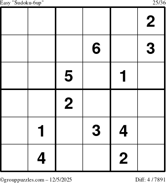 The grouppuzzles.com Easy Sudoku-6up puzzle for Friday December 5, 2025