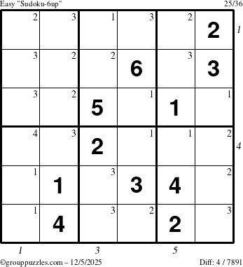 The grouppuzzles.com Easy Sudoku-6up puzzle for Friday December 5, 2025 with all 4 steps marked