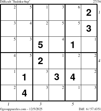 The grouppuzzles.com Difficult Sudoku-6up puzzle for Friday December 5, 2025, suitable for printing, with all 6 steps marked