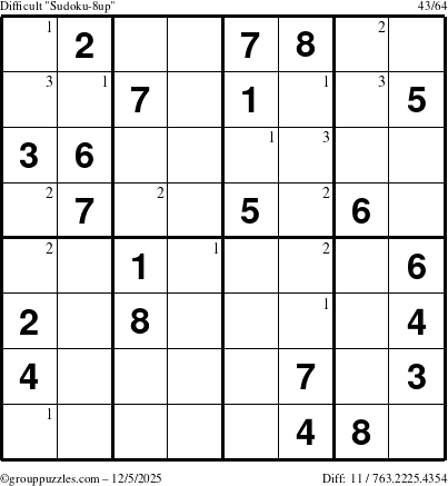 The grouppuzzles.com Difficult Sudoku-8up puzzle for Friday December 5, 2025 with the first 3 steps marked