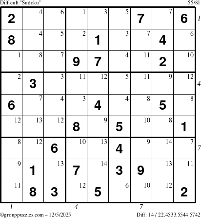 The grouppuzzles.com Difficult Sudoku puzzle for Friday December 5, 2025 with all 14 steps marked
