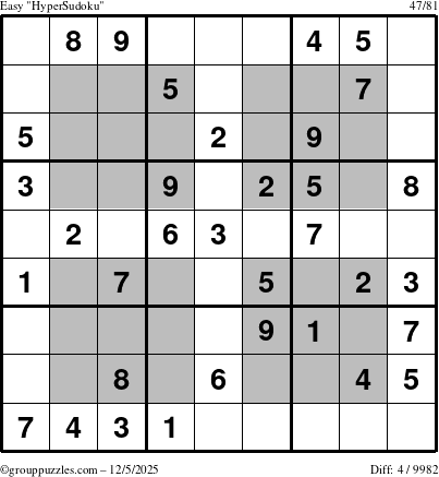 The grouppuzzles.com Easy HyperSudoku puzzle for Friday December 5, 2025
