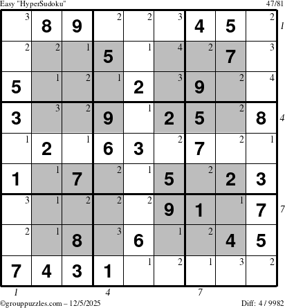 The grouppuzzles.com Easy HyperSudoku puzzle for Friday December 5, 2025, suitable for printing, with all 4 steps marked