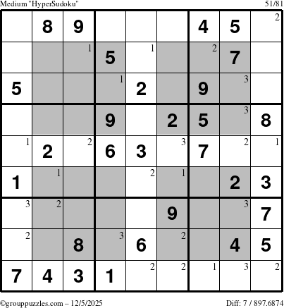 The grouppuzzles.com Medium HyperSudoku puzzle for Friday December 5, 2025 with the first 3 steps marked