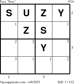 The grouppuzzles.com Easy Suzy puzzle for Sunday June 8, 2025 with all 3 steps marked