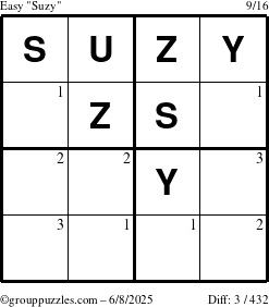The grouppuzzles.com Easy Suzy puzzle for Sunday June 8, 2025 with the first 3 steps marked