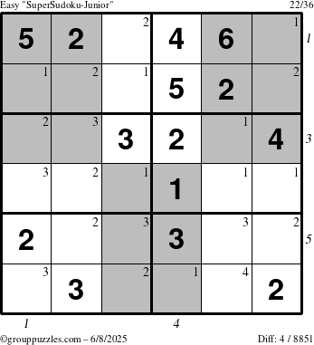 The grouppuzzles.com Easy SuperSudoku-Junior puzzle for Sunday June 8, 2025 with all 4 steps marked