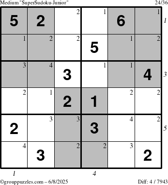 The grouppuzzles.com Medium SuperSudoku-Junior puzzle for Sunday June 8, 2025, suitable for printing, with all 4 steps marked
