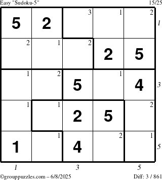 The grouppuzzles.com Easy Sudoku-5 puzzle for Sunday June 8, 2025 with all 3 steps marked