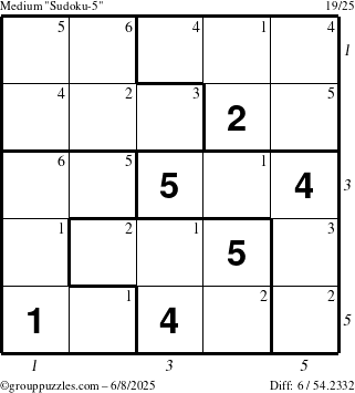 The grouppuzzles.com Medium Sudoku-5 puzzle for Sunday June 8, 2025, suitable for printing, with all 6 steps marked