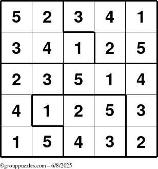 The grouppuzzles.com Answer grid for the Sudoku-5 puzzle for Sunday June 8, 2025
