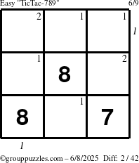 The grouppuzzles.com Easy TicTac-789 puzzle for Sunday June 8, 2025, suitable for printing, with all 2 steps marked