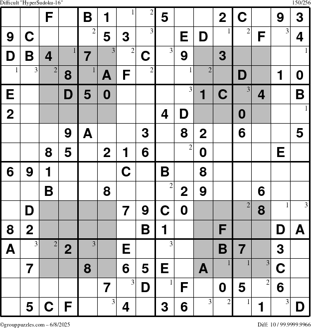 The grouppuzzles.com Difficult HyperSudoku-16 puzzle for Sunday June 8, 2025 with the first 3 steps marked