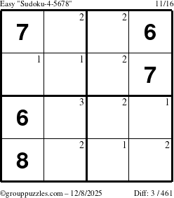The grouppuzzles.com Easy Sudoku-4-5678 puzzle for Monday December 8, 2025 with the first 3 steps marked