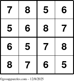 The grouppuzzles.com Answer grid for the Sudoku-4-5678 puzzle for Monday December 8, 2025