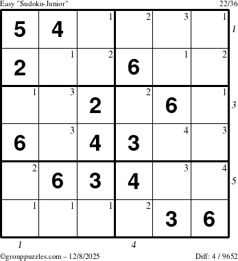 The grouppuzzles.com Easy Sudoku-Junior puzzle for Monday December 8, 2025 with all 4 steps marked