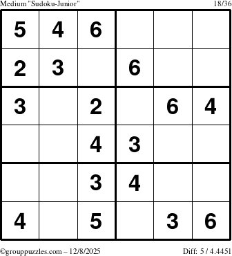 The grouppuzzles.com Medium Sudoku-Junior puzzle for Monday December 8, 2025