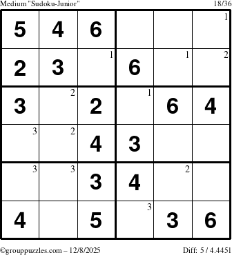 The grouppuzzles.com Medium Sudoku-Junior puzzle for Monday December 8, 2025 with the first 3 steps marked
