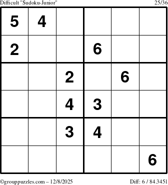 The grouppuzzles.com Difficult Sudoku-Junior puzzle for Monday December 8, 2025
