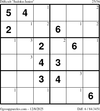 The grouppuzzles.com Difficult Sudoku-Junior puzzle for Monday December 8, 2025 with the first 3 steps marked