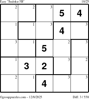 The grouppuzzles.com Easy Sudoku-5B puzzle for Monday December 8, 2025 with the first 3 steps marked