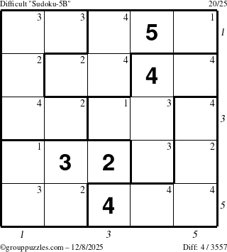 The grouppuzzles.com Difficult Sudoku-5B puzzle for Monday December 8, 2025 with all 4 steps marked